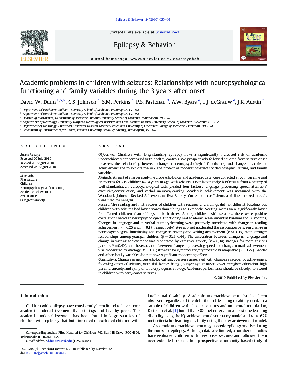 Academic problems in children with seizures: Relationships with neuropsychological functioning and family variables during the 3 years after onset