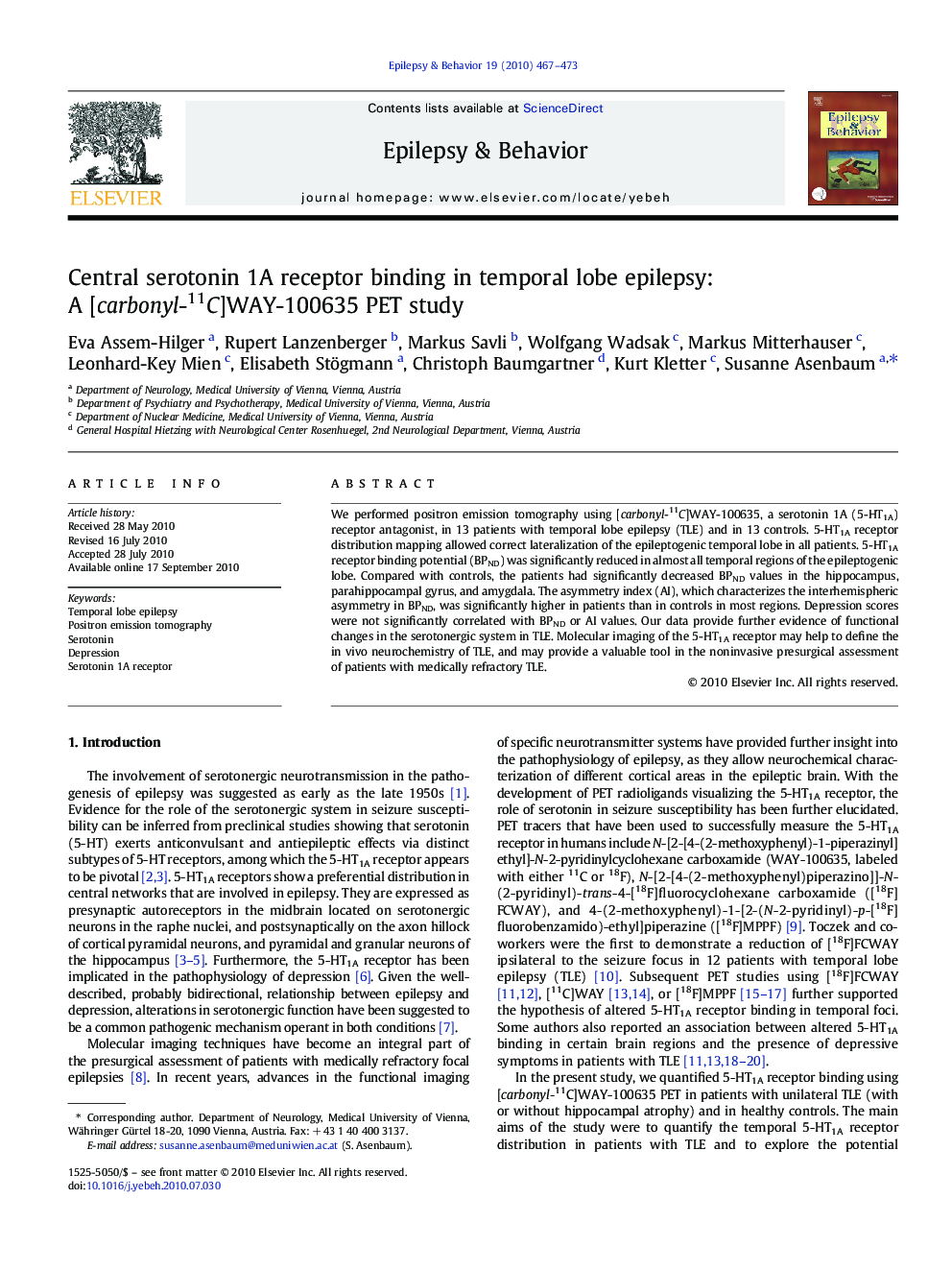 Central serotonin 1A receptor binding in temporal lobe epilepsy: A [carbonyl-11C]WAY-100635 PET study