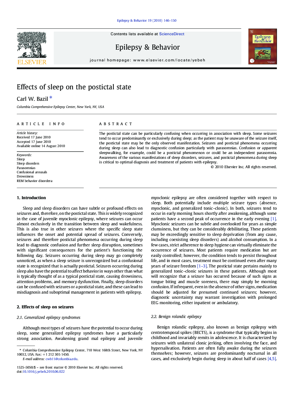 Effects of sleep on the postictal state