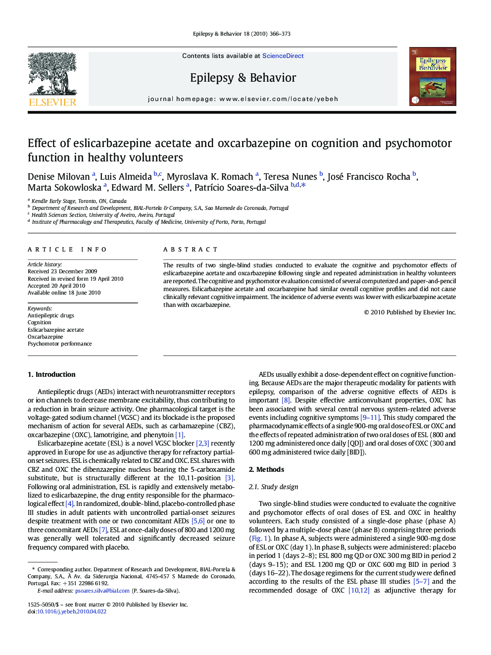 Effect of eslicarbazepine acetate and oxcarbazepine on cognition and psychomotor function in healthy volunteers