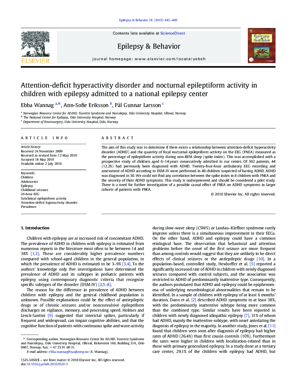 Attention-deficit hyperactivity disorder and nocturnal epileptiform activity in children with epilepsy admitted to a national epilepsy center