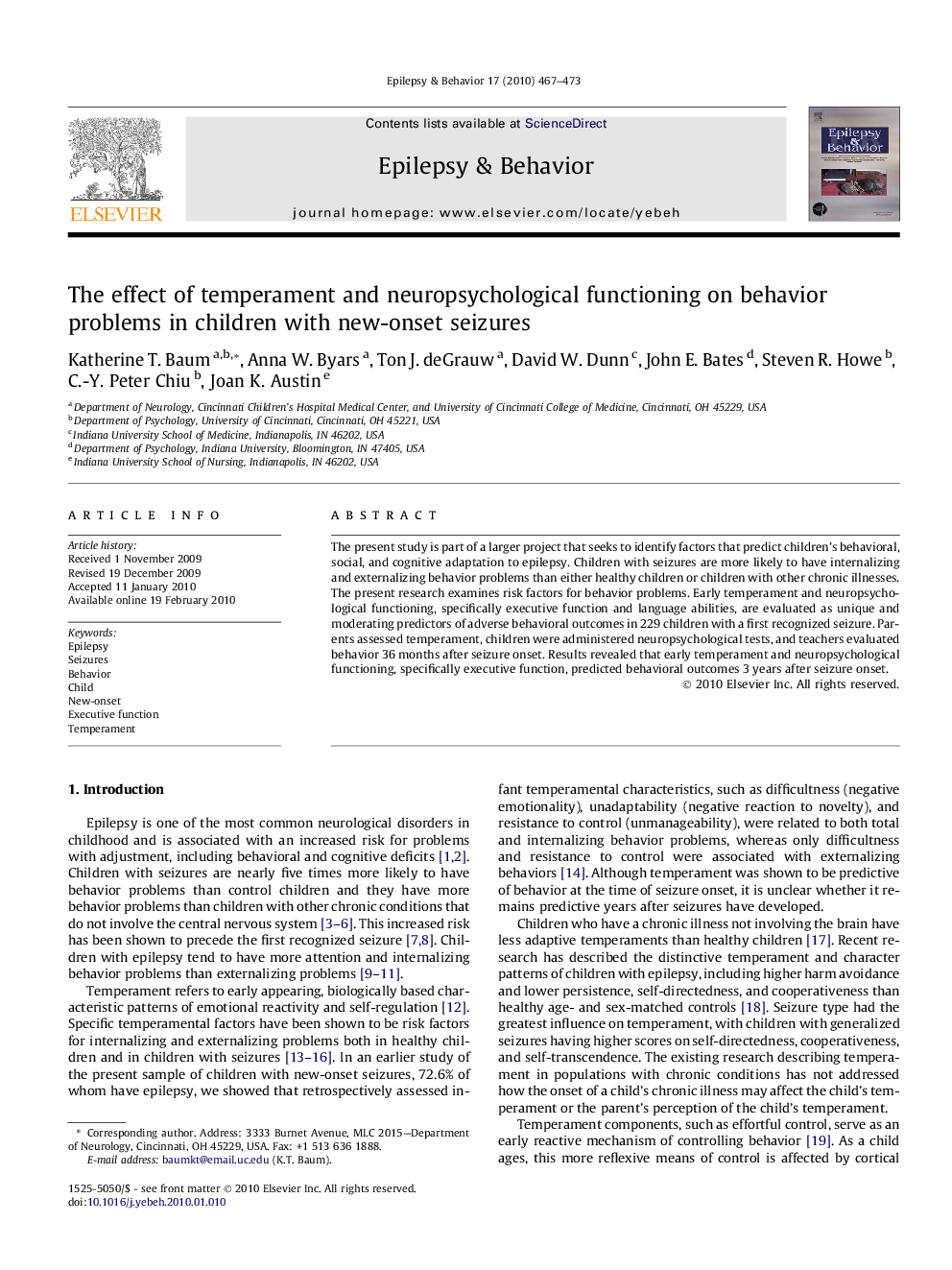 The effect of temperament and neuropsychological functioning on behavior problems in children with new-onset seizures