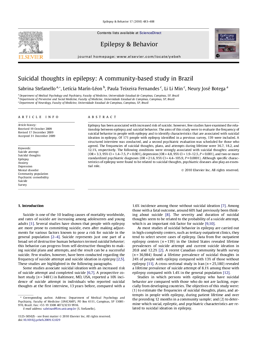 Suicidal thoughts in epilepsy: A community-based study in Brazil