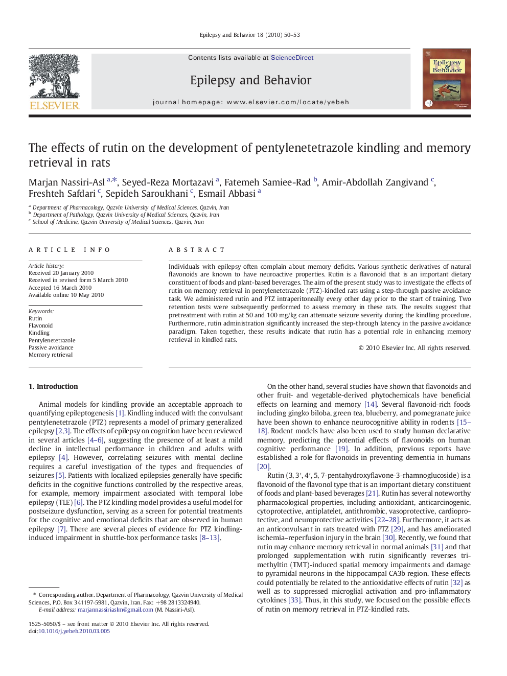 The effects of rutin on the development of pentylenetetrazole kindling and memory retrieval in rats