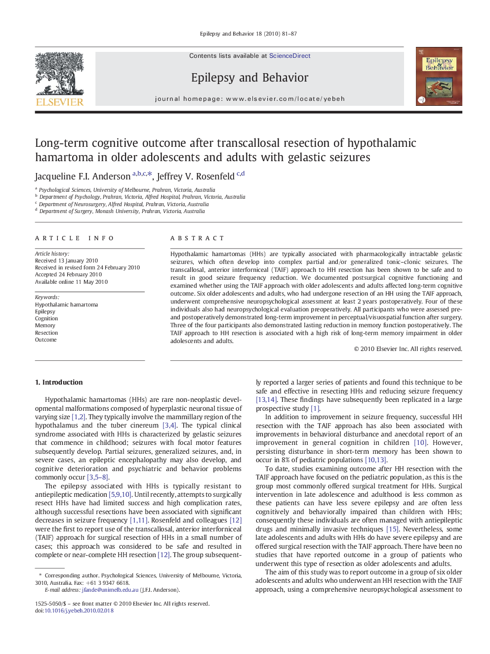 Long-term cognitive outcome after transcallosal resection of hypothalamic hamartoma in older adolescents and adults with gelastic seizures