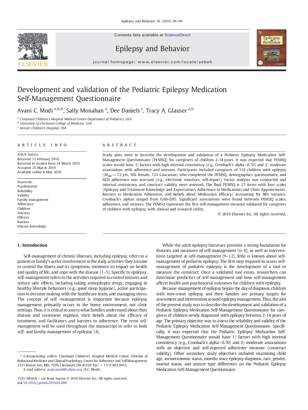 Development and validation of the Pediatric Epilepsy Medication Self-Management Questionnaire