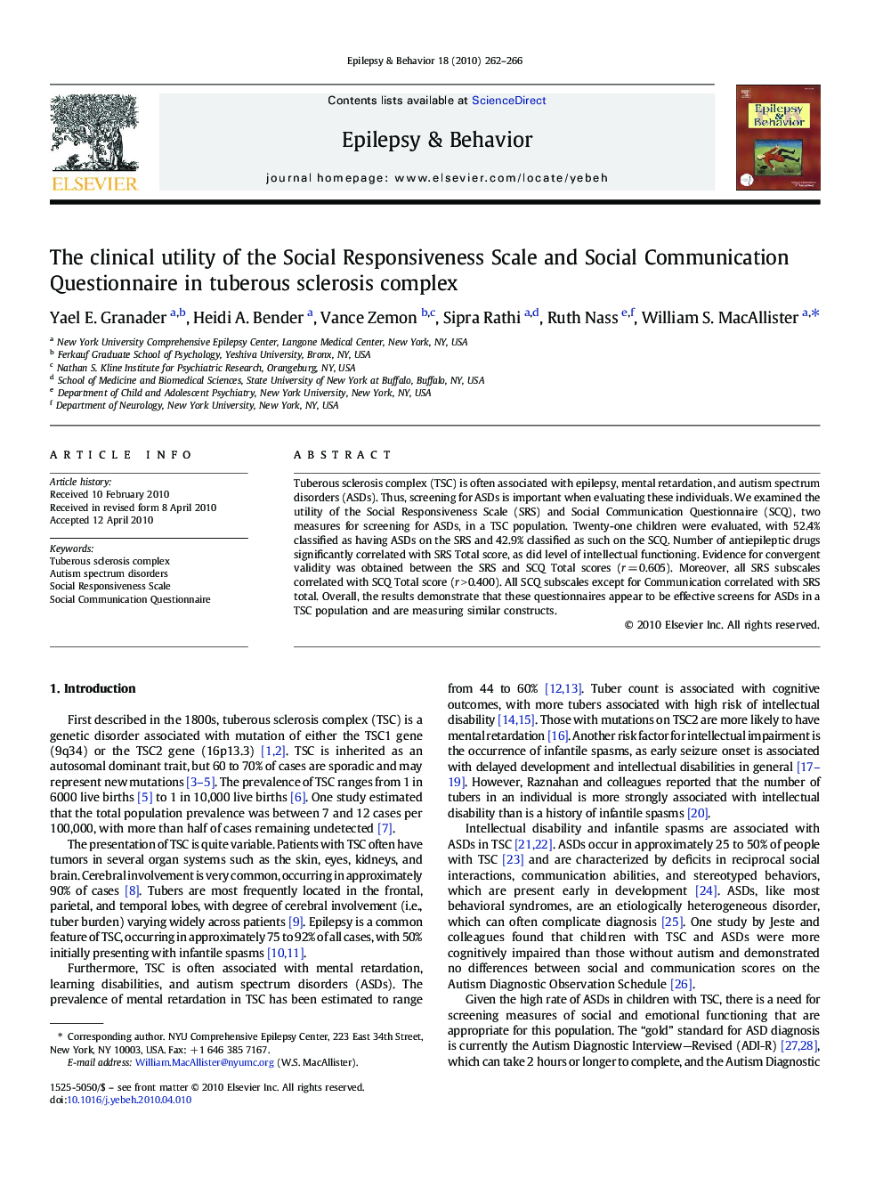 The clinical utility of the Social Responsiveness Scale and Social Communication Questionnaire in tuberous sclerosis complex