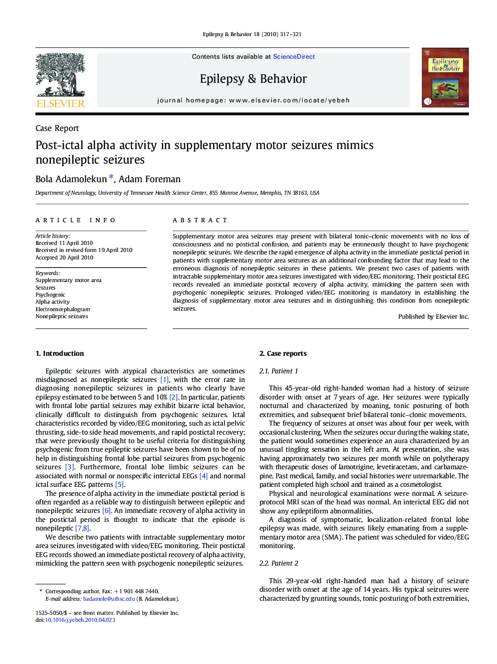 Post-ictal alpha activity in supplementary motor seizures mimics nonepileptic seizures