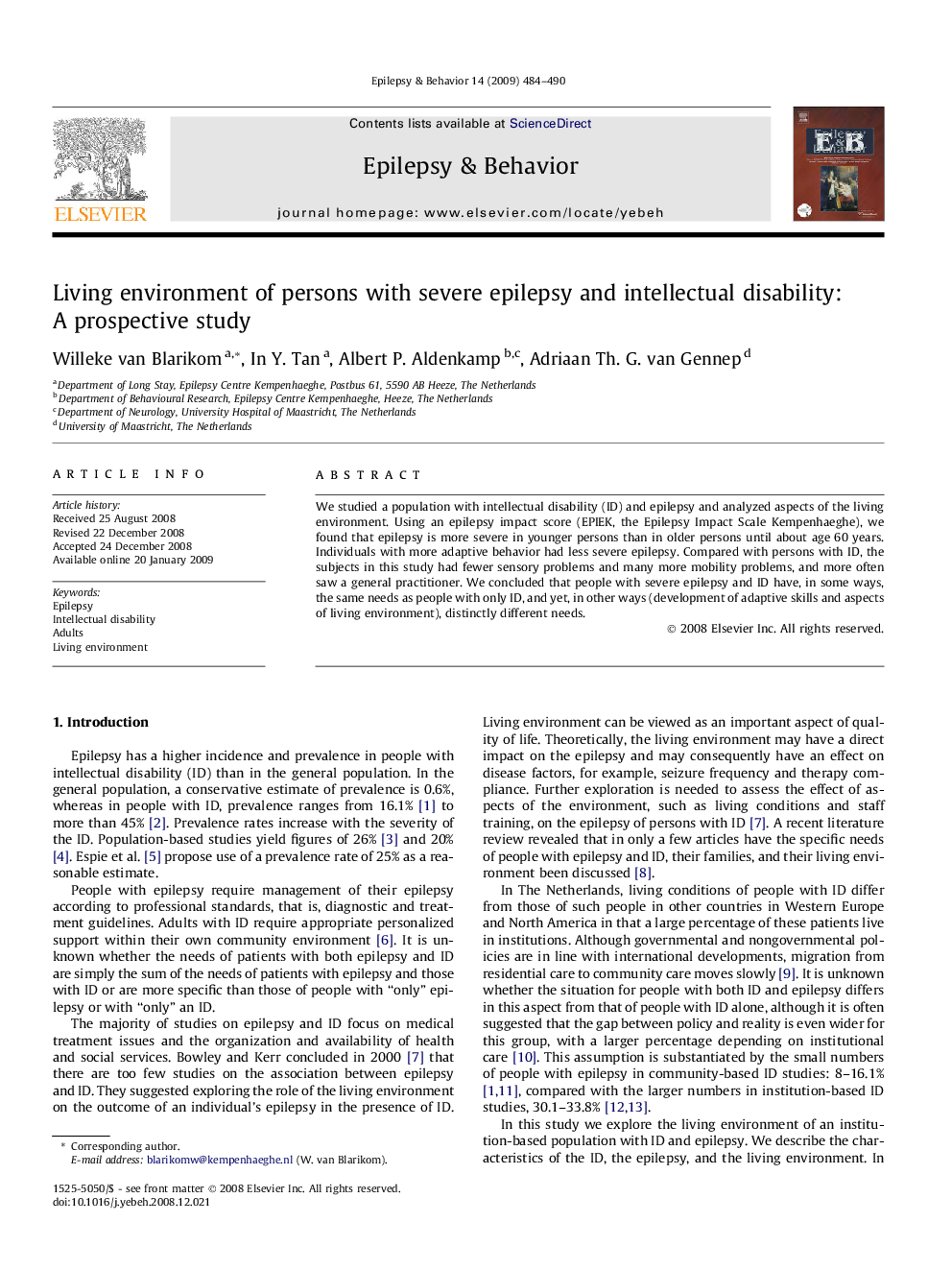 Living environment of persons with severe epilepsy and intellectual disability: A prospective study