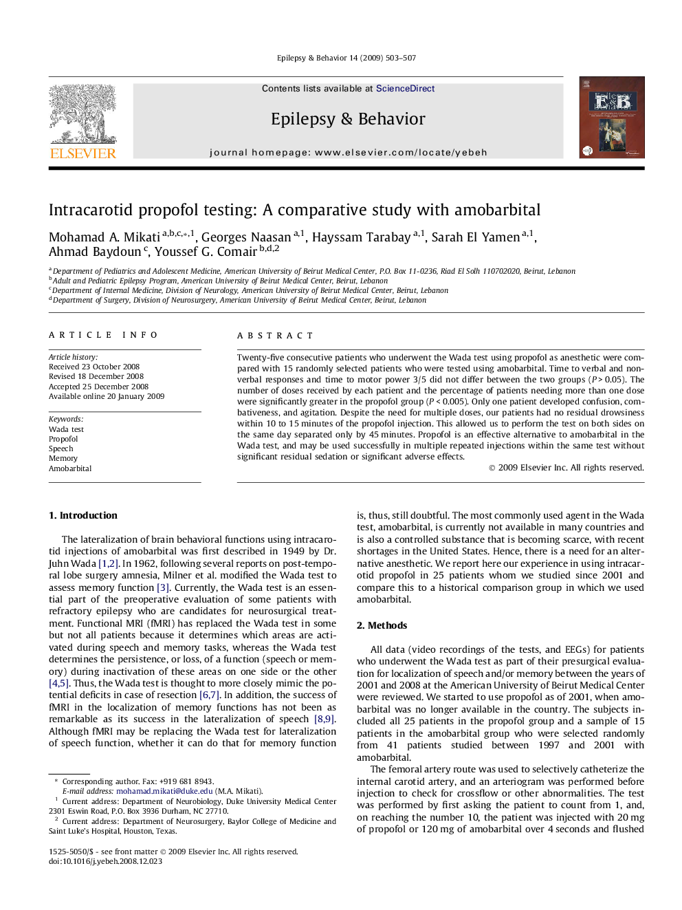 Intracarotid propofol testing: A comparative study with amobarbital