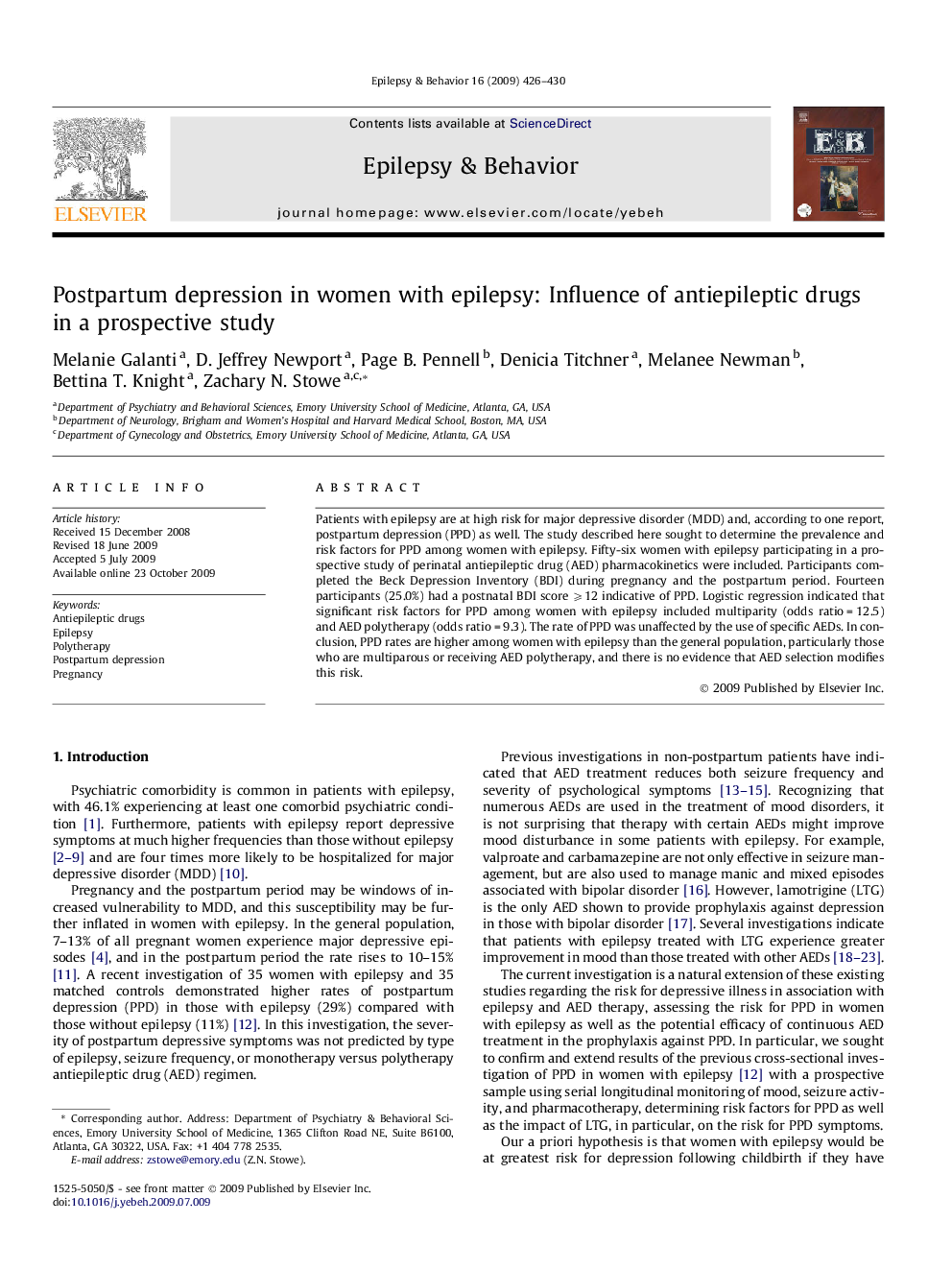 Postpartum depression in women with epilepsy: Influence of antiepileptic drugs in a prospective study