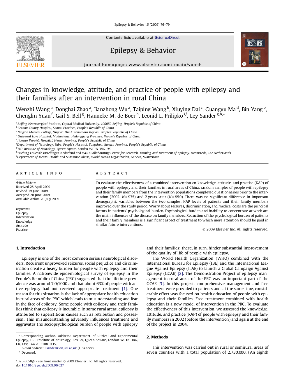 Changes in knowledge, attitude, and practice of people with epilepsy and their families after an intervention in rural China