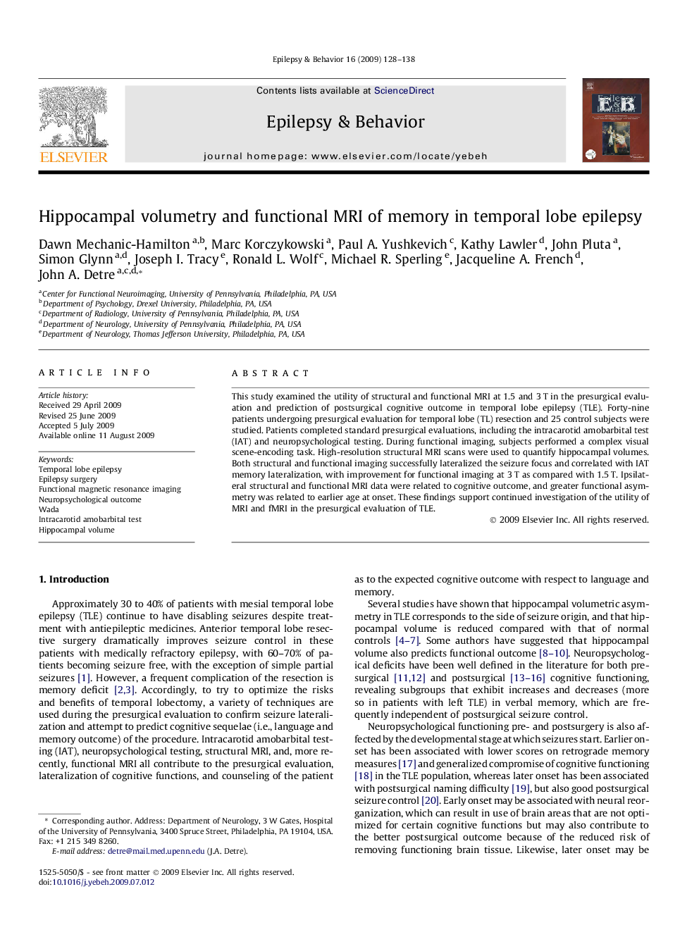 Hippocampal volumetry and functional MRI of memory in temporal lobe epilepsy