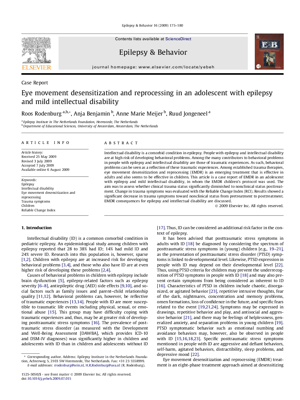 Eye movement desensitization and reprocessing in an adolescent with epilepsy and mild intellectual disability