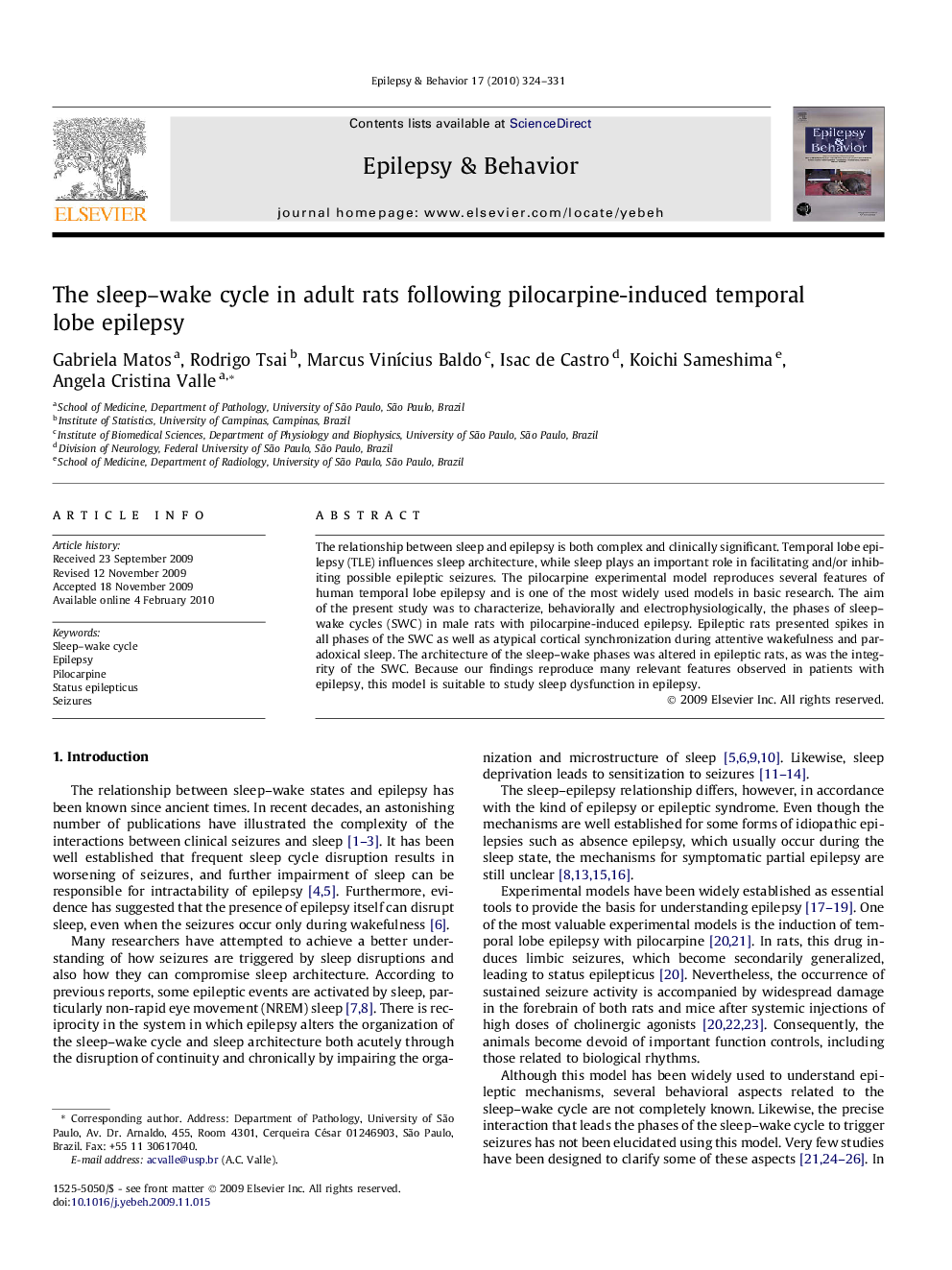 The sleep–wake cycle in adult rats following pilocarpine-induced temporal lobe epilepsy