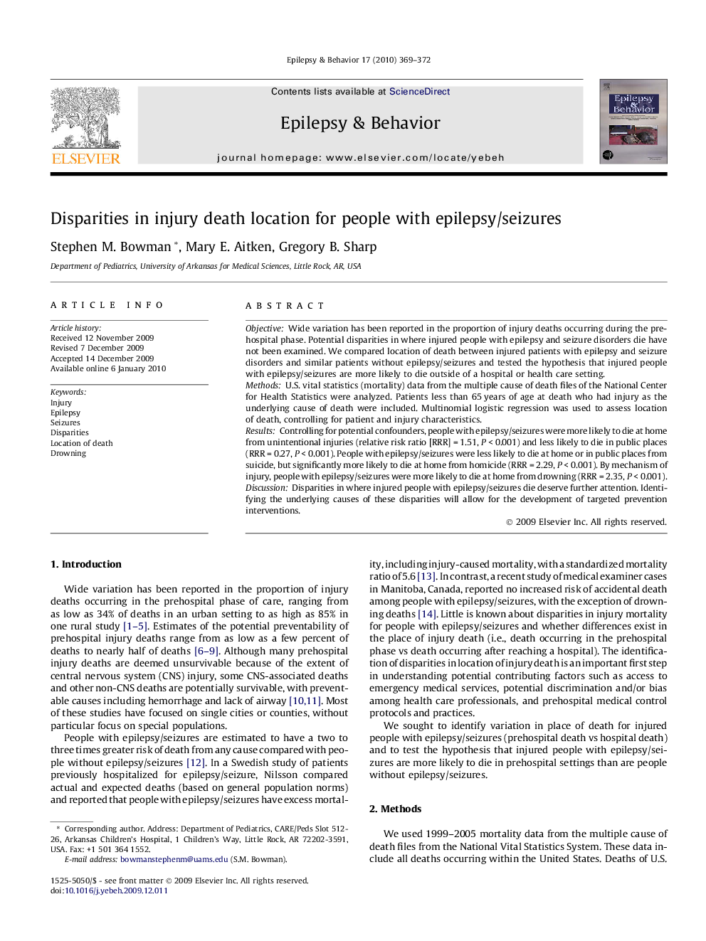 Disparities in injury death location for people with epilepsy/seizures