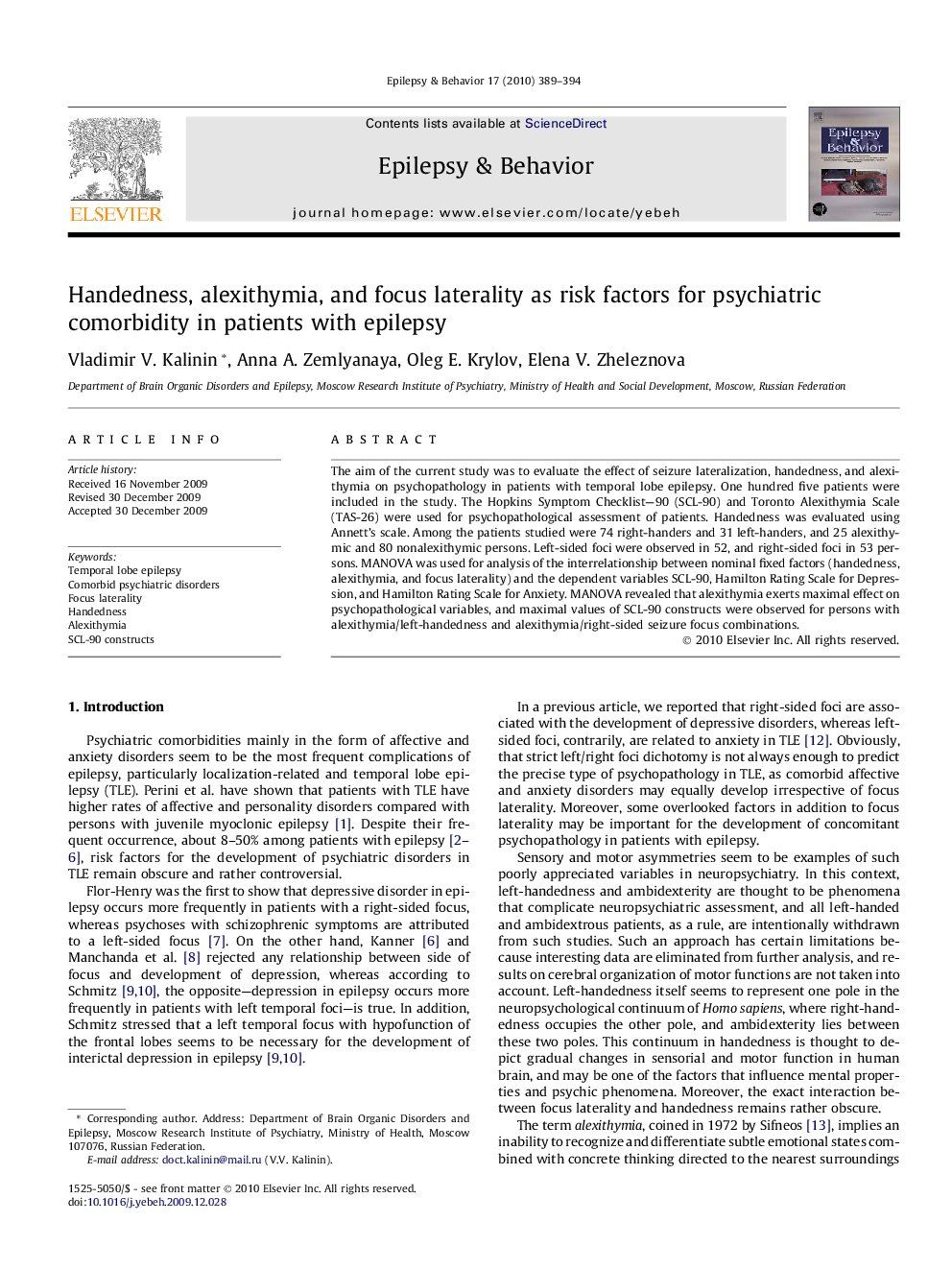 Handedness, alexithymia, and focus laterality as risk factors for psychiatric comorbidity in patients with epilepsy