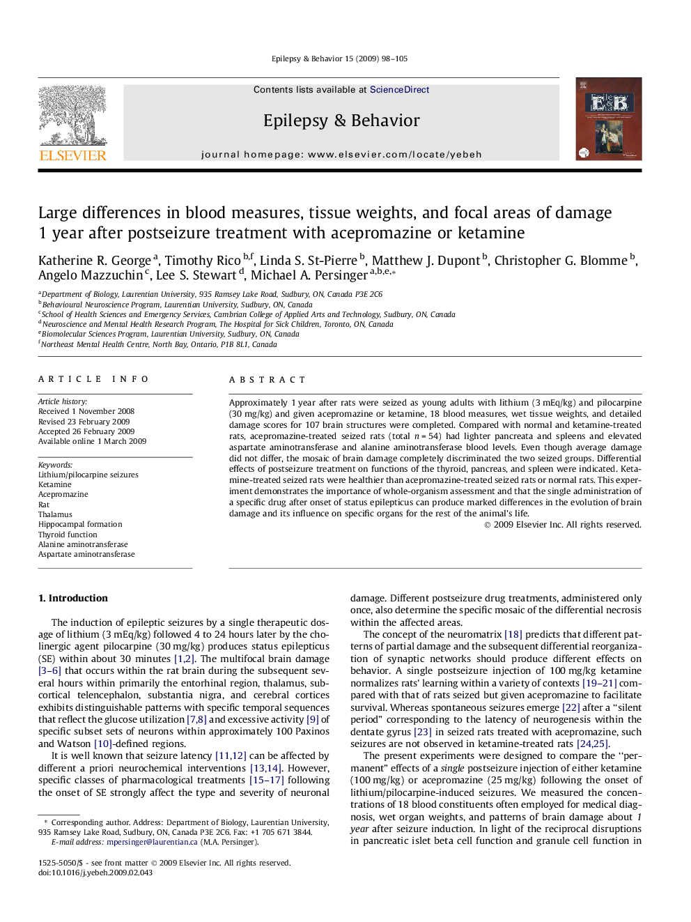 Large differences in blood measures, tissue weights, and focal areas of damage 1 year after postseizure treatment with acepromazine or ketamine