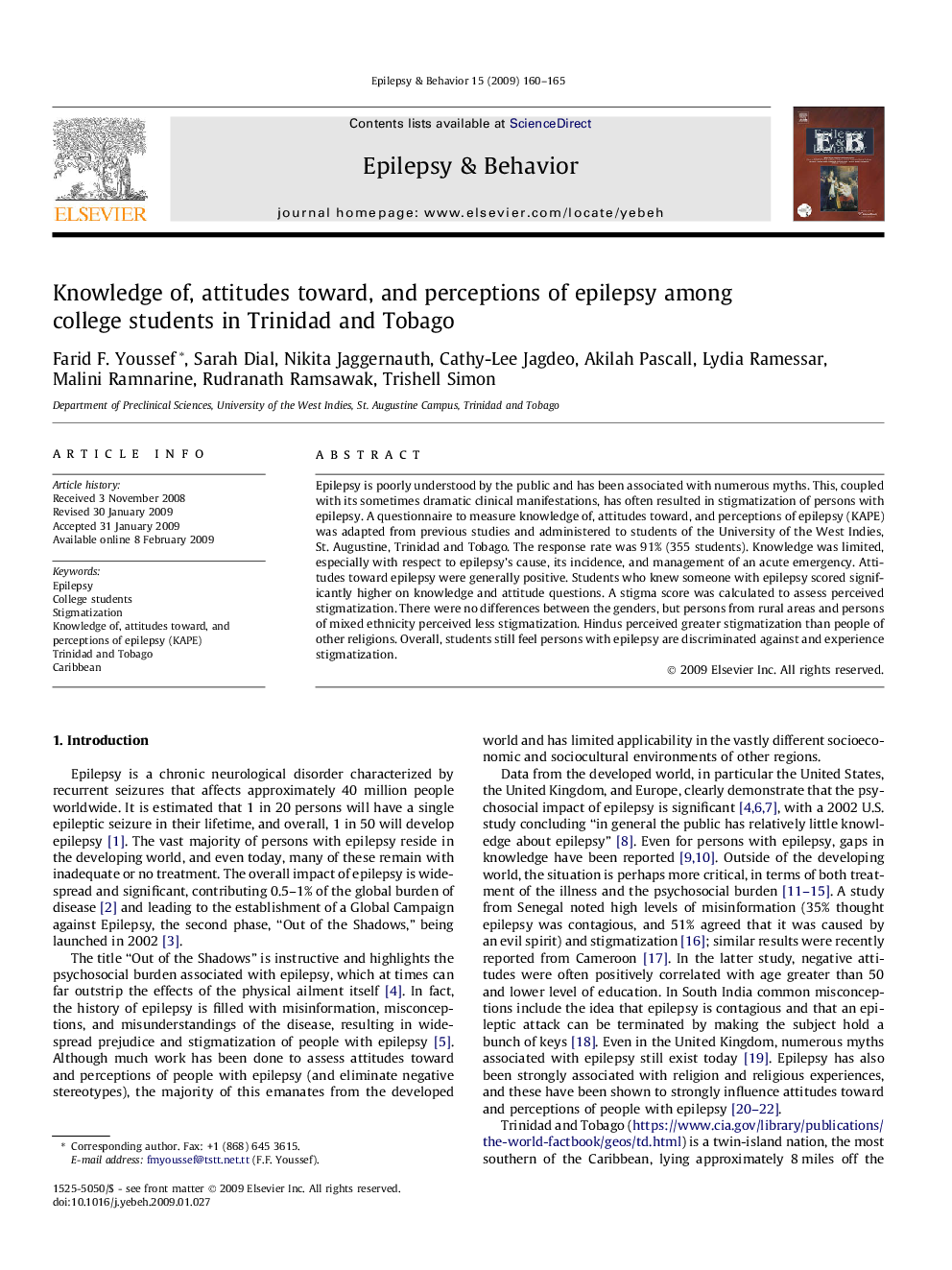 Knowledge of, attitudes toward, and perceptions of epilepsy among college students in Trinidad and Tobago