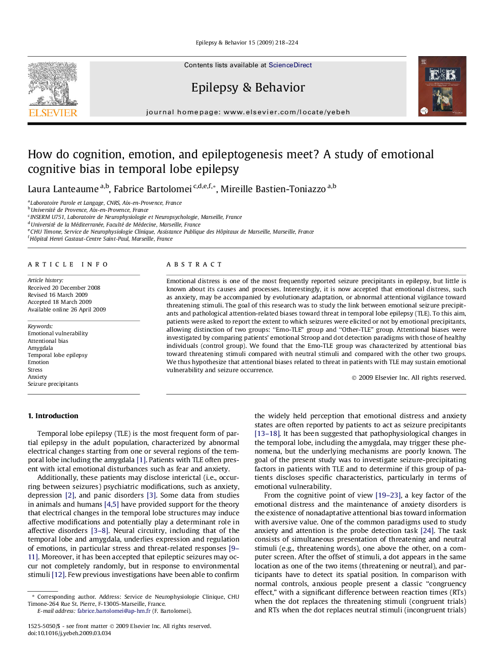 How do cognition, emotion, and epileptogenesis meet? A study of emotional cognitive bias in temporal lobe epilepsy