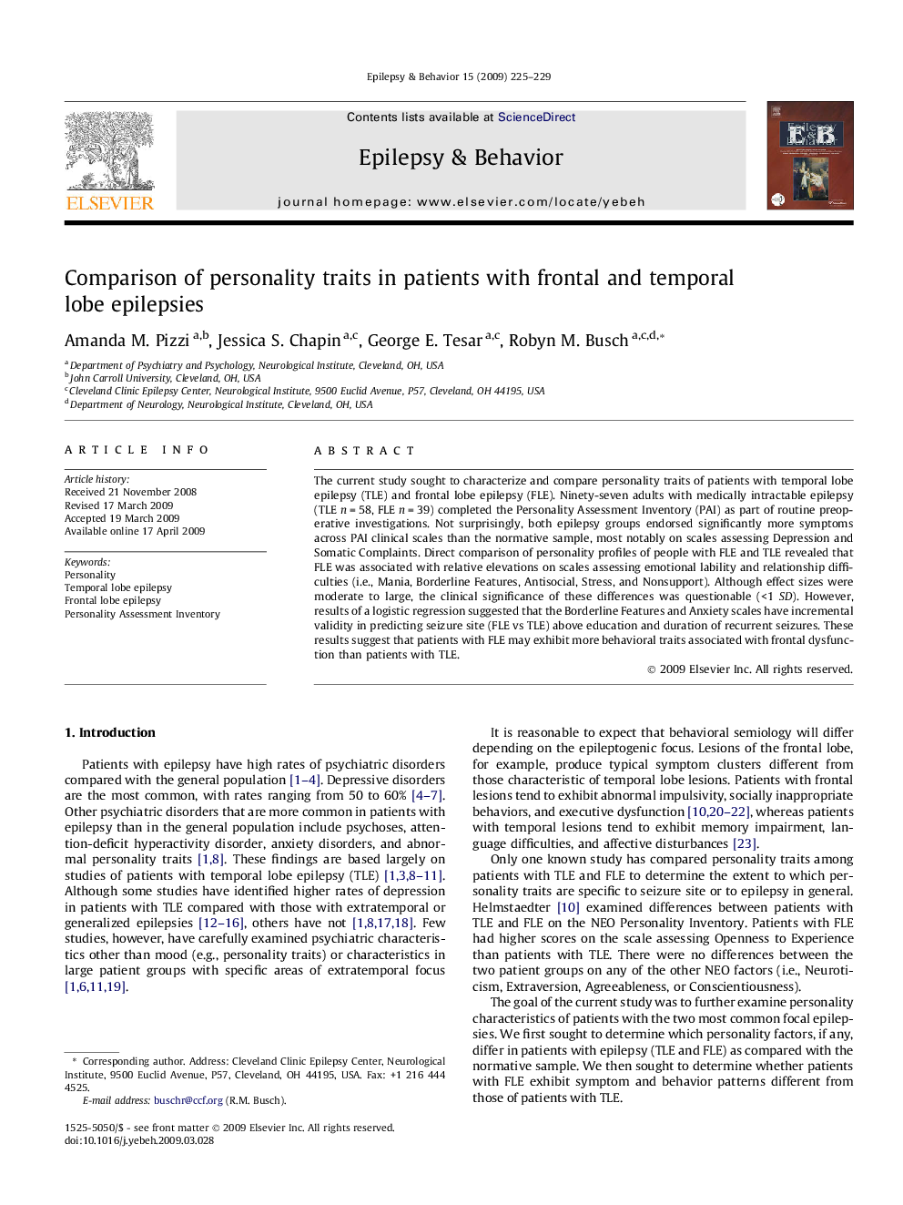 Comparison of personality traits in patients with frontal and temporal lobe epilepsies