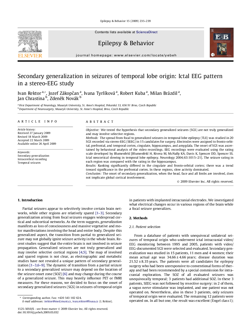 Secondary generalization in seizures of temporal lobe origin: Ictal EEG pattern in a stereo-EEG study