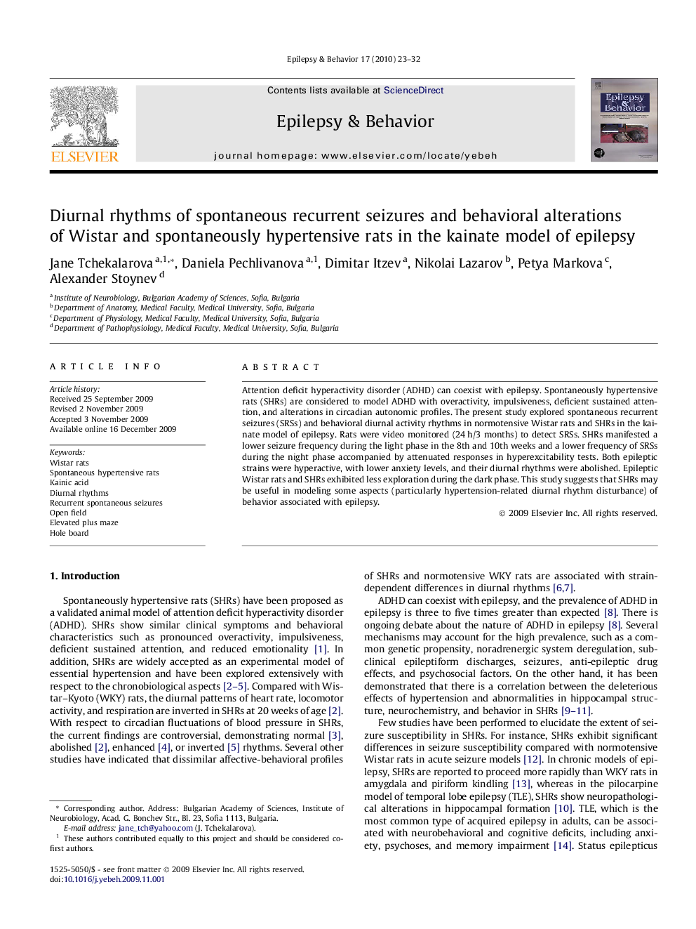 Diurnal rhythms of spontaneous recurrent seizures and behavioral alterations of Wistar and spontaneously hypertensive rats in the kainate model of epilepsy