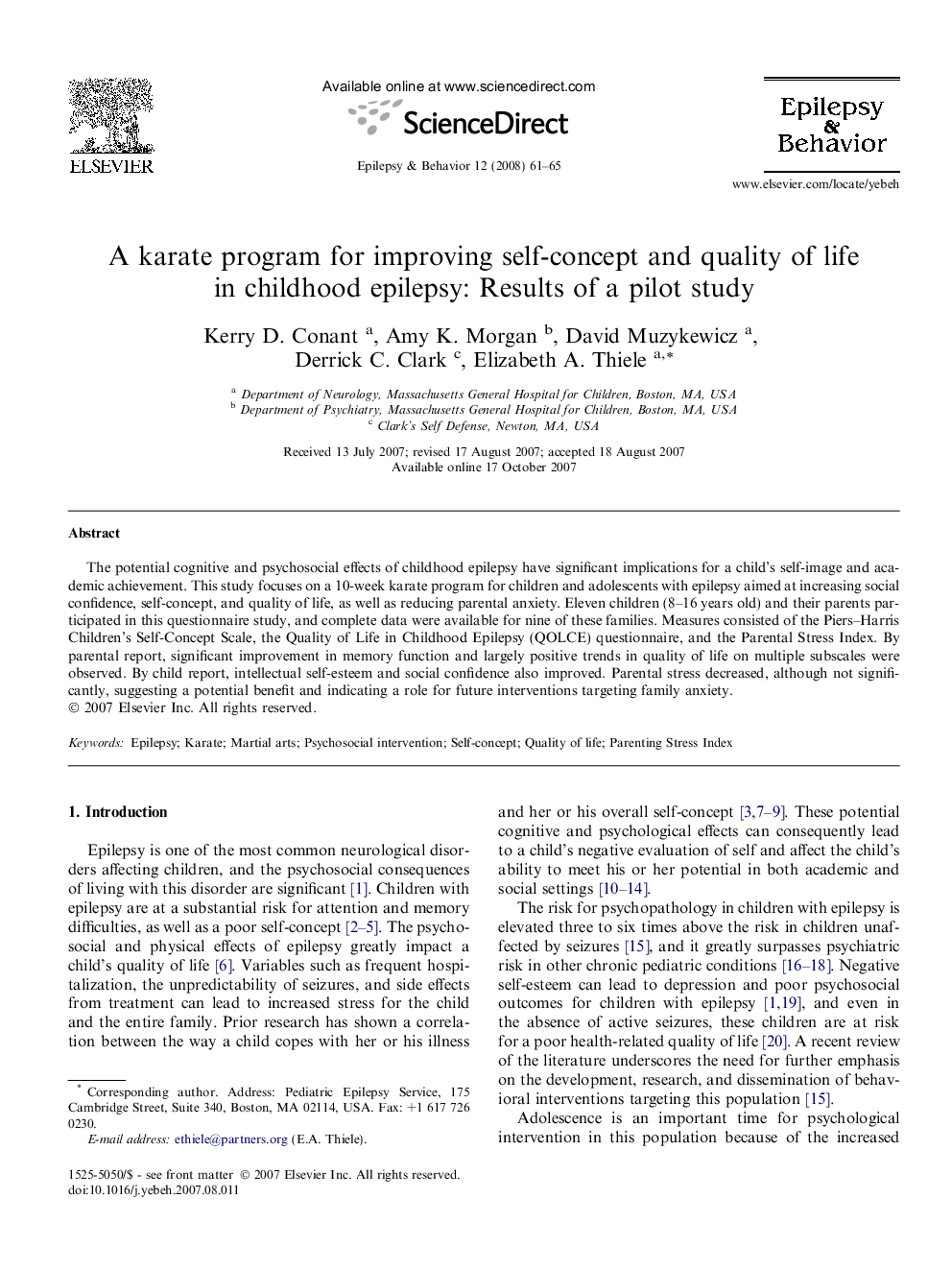 A karate program for improving self-concept and quality of life in childhood epilepsy: Results of a pilot study