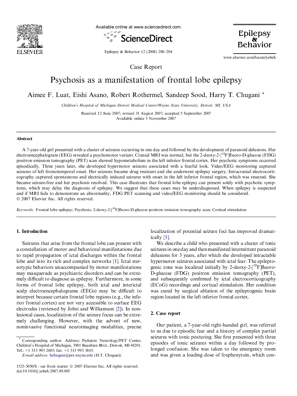 Psychosis as a manifestation of frontal lobe epilepsy