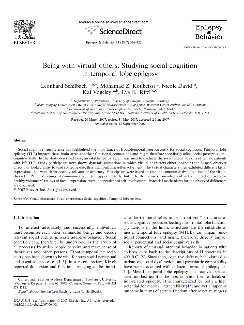 Being with virtual others: Studying social cognition in temporal lobe epilepsy