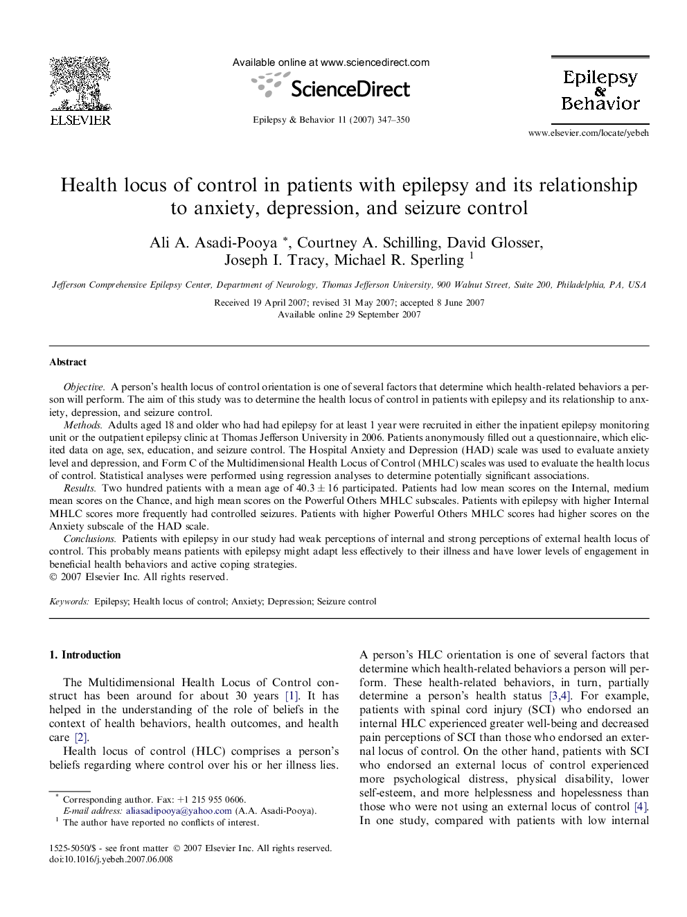 Health locus of control in patients with epilepsy and its relationship to anxiety, depression, and seizure control