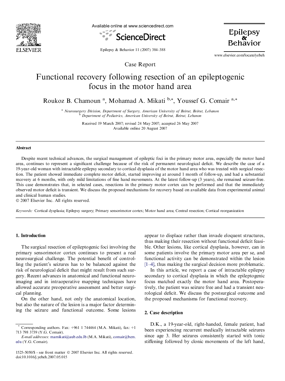 عکس صفحه اول مقاله: Functional recovery following resection of an epileptogenic focus in the motor hand area Functional recovery following resection of an epileptogenic focus in the motor hand area