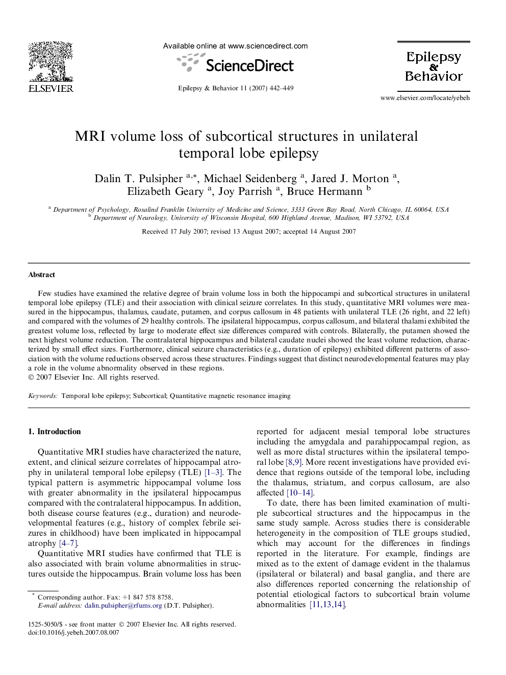 MRI volume loss of subcortical structures in unilateral temporal lobe epilepsy