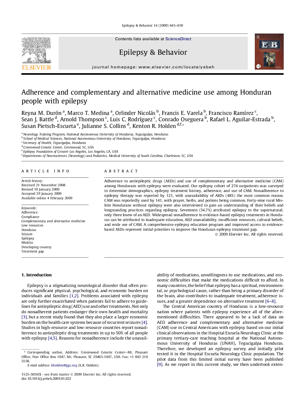 Adherence and complementary and alternative medicine use among Honduran people with epilepsy