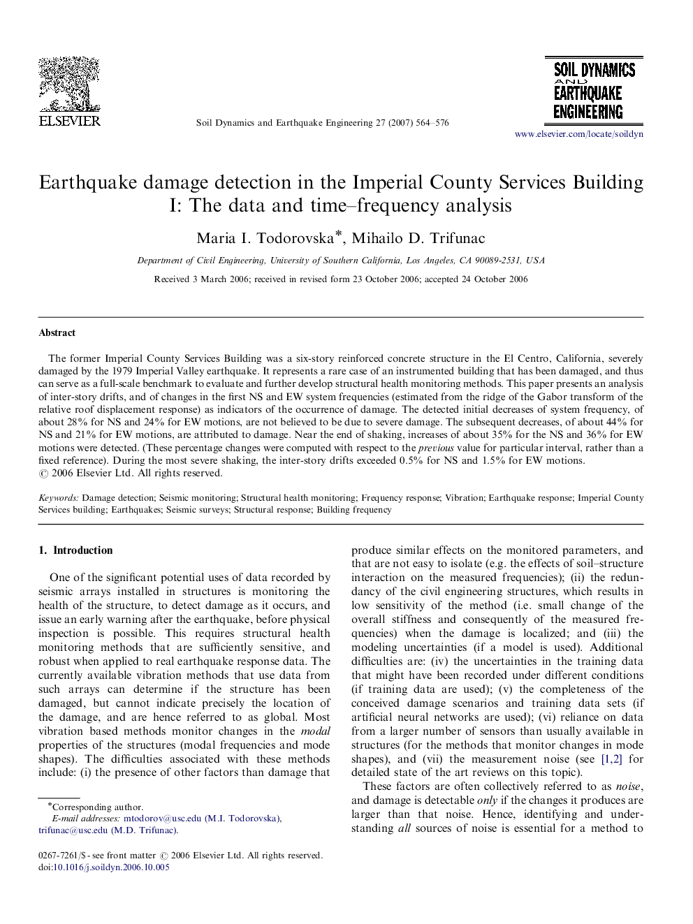 Earthquake damage detection in the Imperial County Services Building I: The data and time–frequency analysis