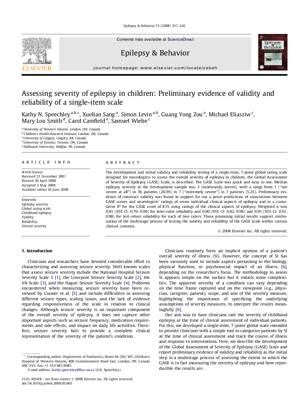 Assessing severity of epilepsy in children: Preliminary evidence of validity and reliability of a single-item scale