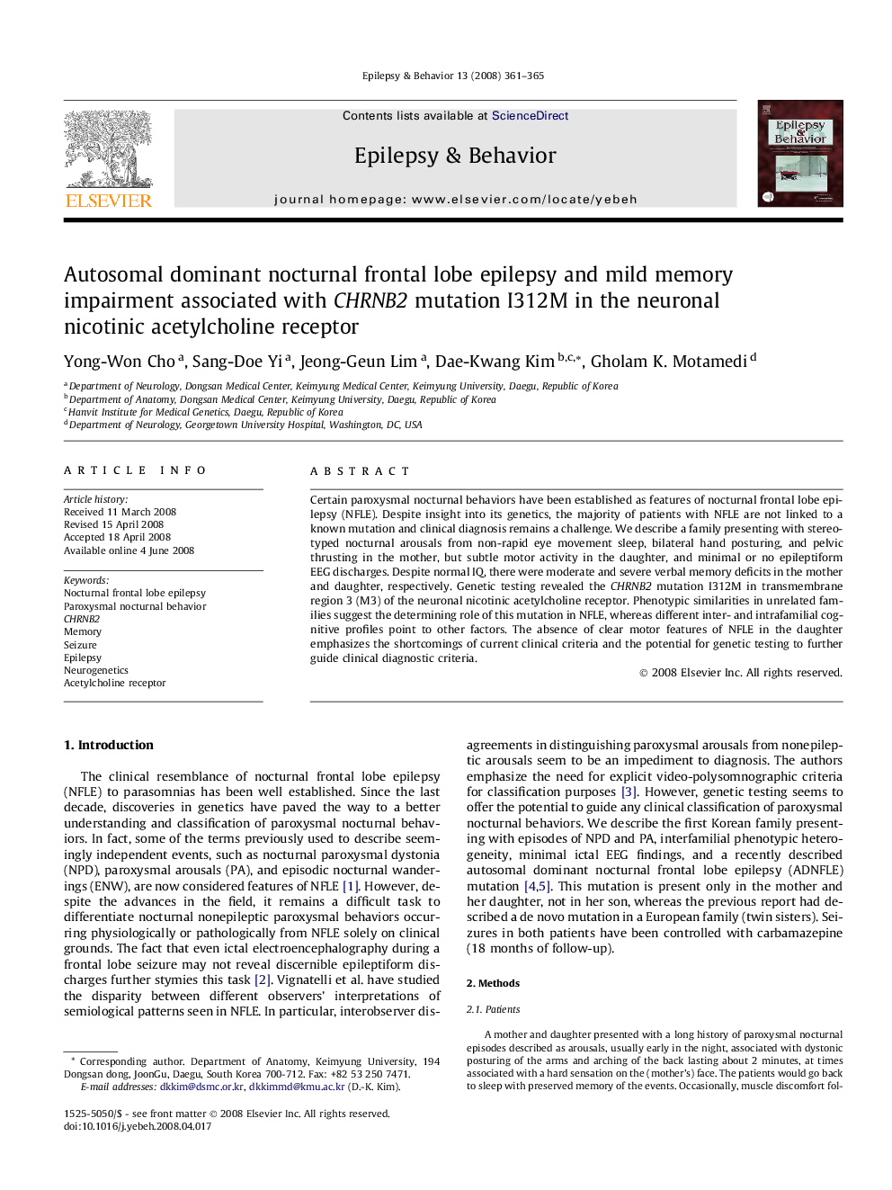 Autosomal dominant nocturnal frontal lobe epilepsy and mild memory impairment associated with CHRNB2 mutation I312M in the neuronal nicotinic acetylcholine receptor