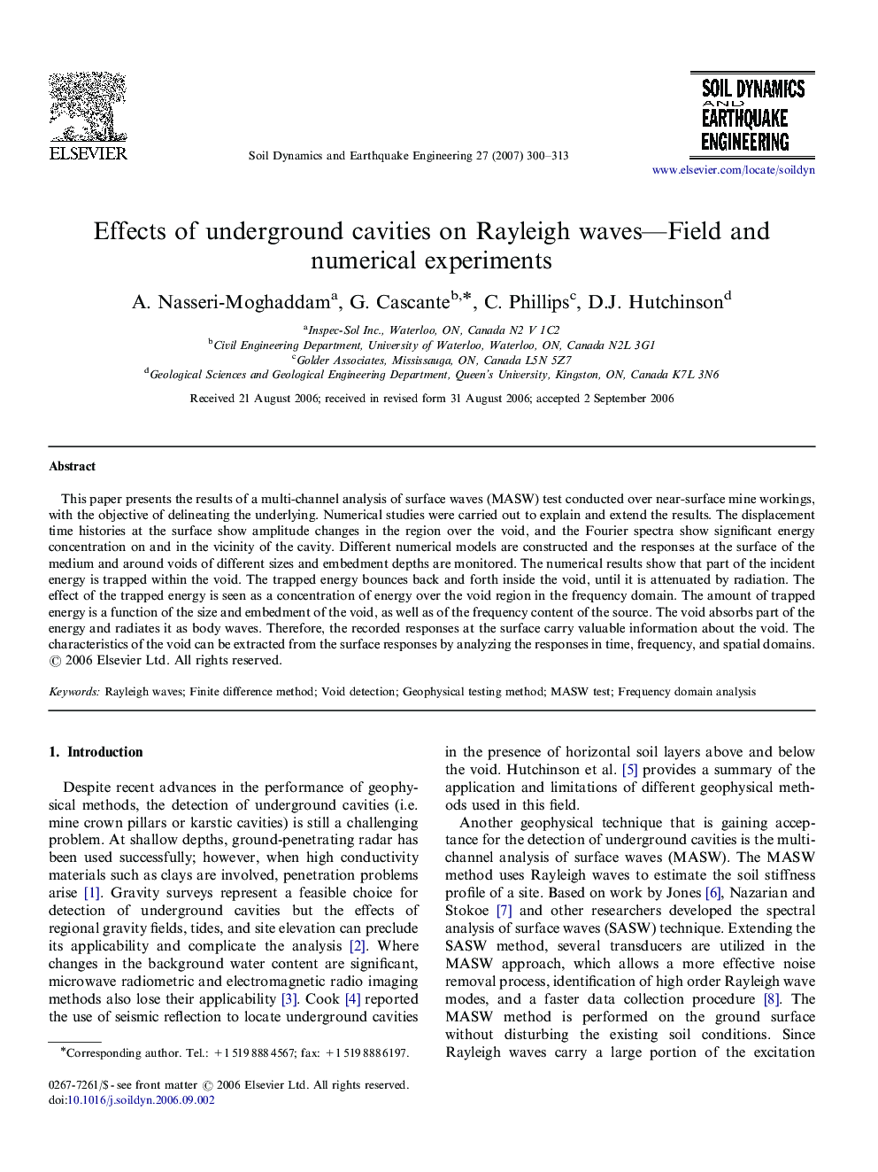 Effects of underground cavities on Rayleigh waves—Field and numerical experiments