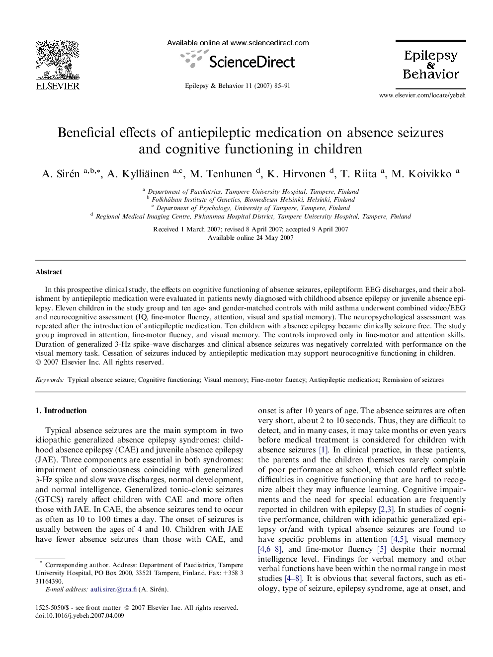 Beneficial effects of antiepileptic medication on absence seizures and cognitive functioning in children