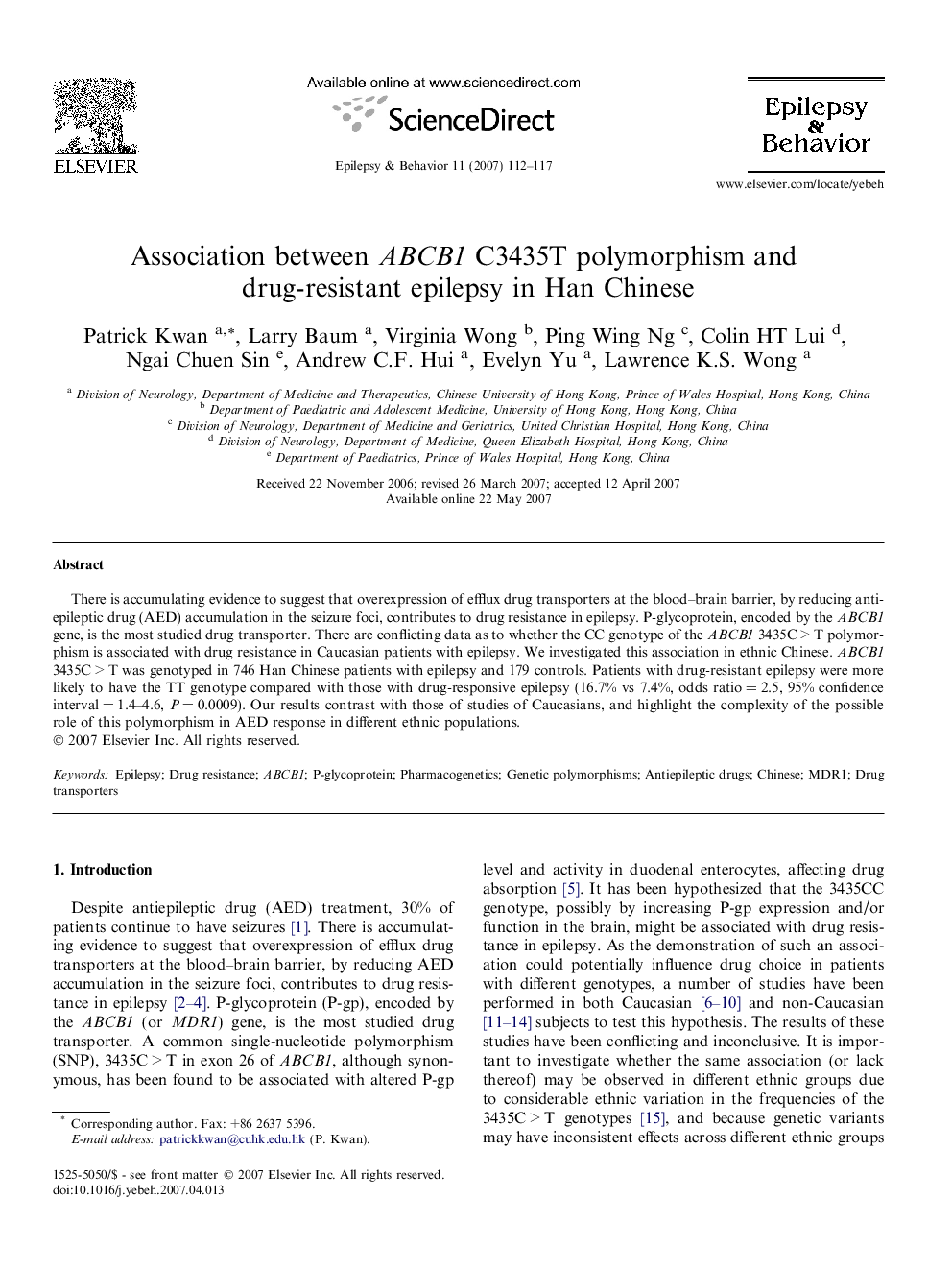 Association between ABCB1 C3435T polymorphism and drug-resistant epilepsy in Han Chinese