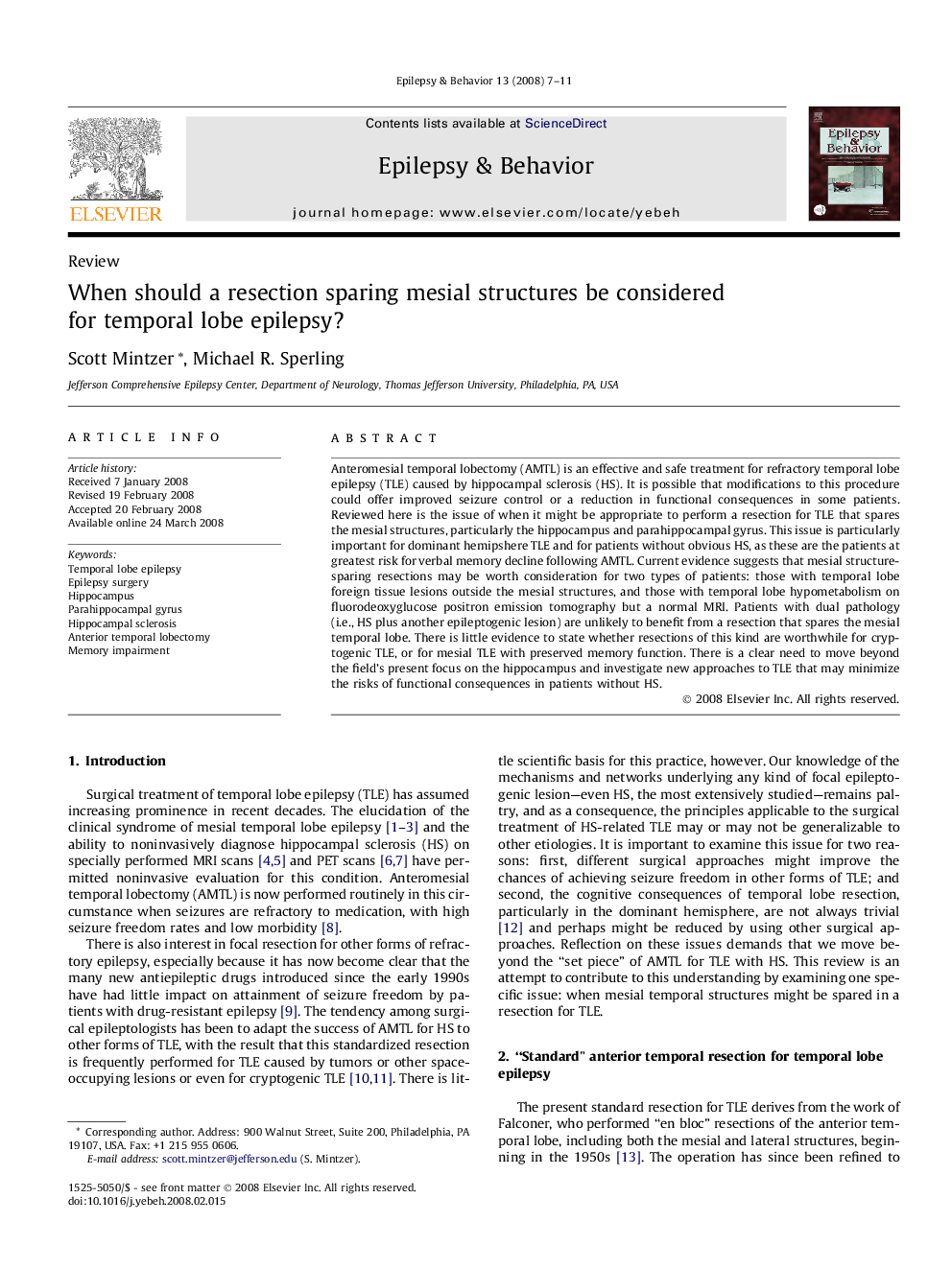 When should a resection sparing mesial structures be considered for temporal lobe epilepsy?