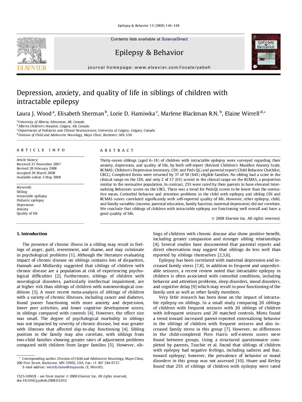 Depression, anxiety, and quality of life in siblings of children with intractable epilepsy