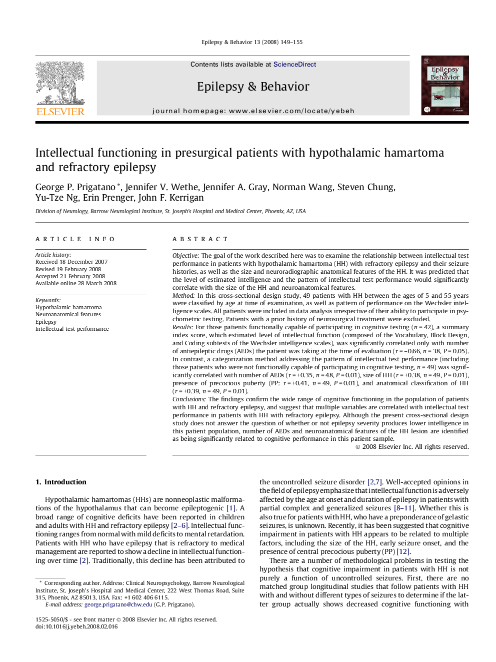 Intellectual functioning in presurgical patients with hypothalamic hamartoma and refractory epilepsy