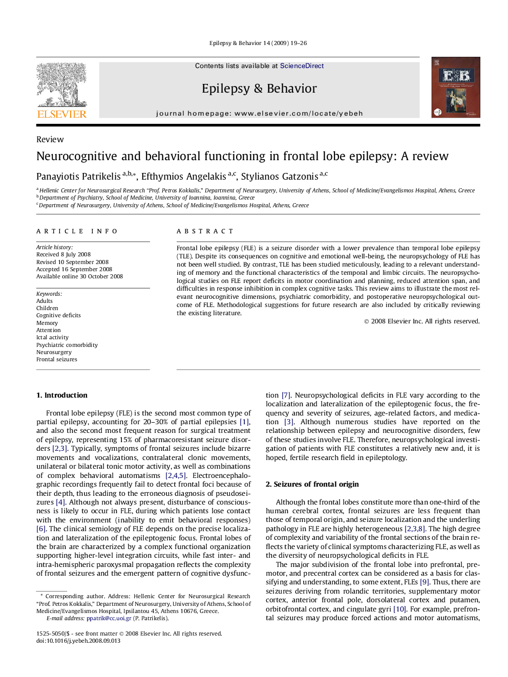 Neurocognitive and behavioral functioning in frontal lobe epilepsy: A review