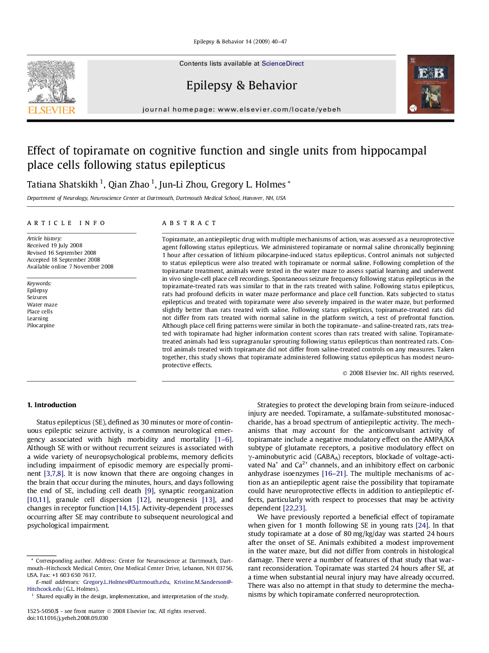 Effect of topiramate on cognitive function and single units from hippocampal place cells following status epilepticus