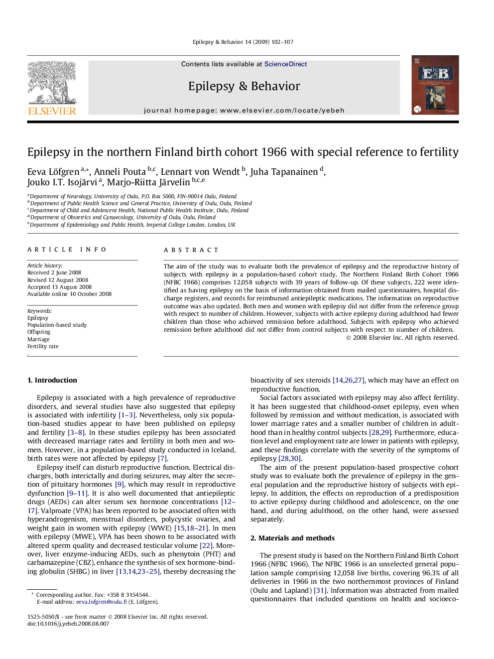 Epilepsy in the northern Finland birth cohort 1966 with special reference to fertility