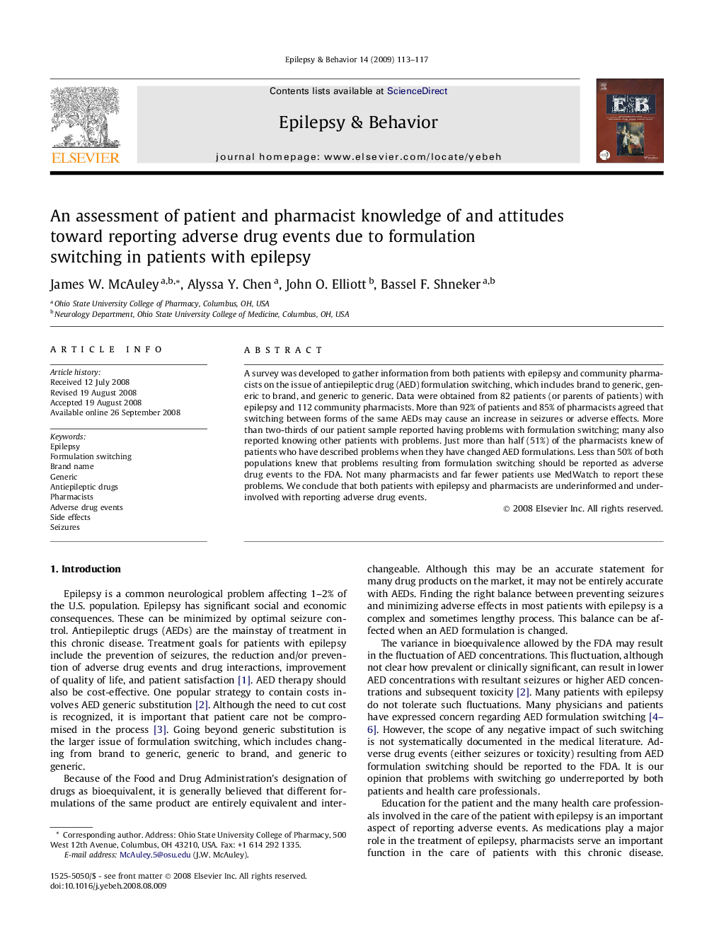 An assessment of patient and pharmacist knowledge of and attitudes toward reporting adverse drug events due to formulation switching in patients with epilepsy