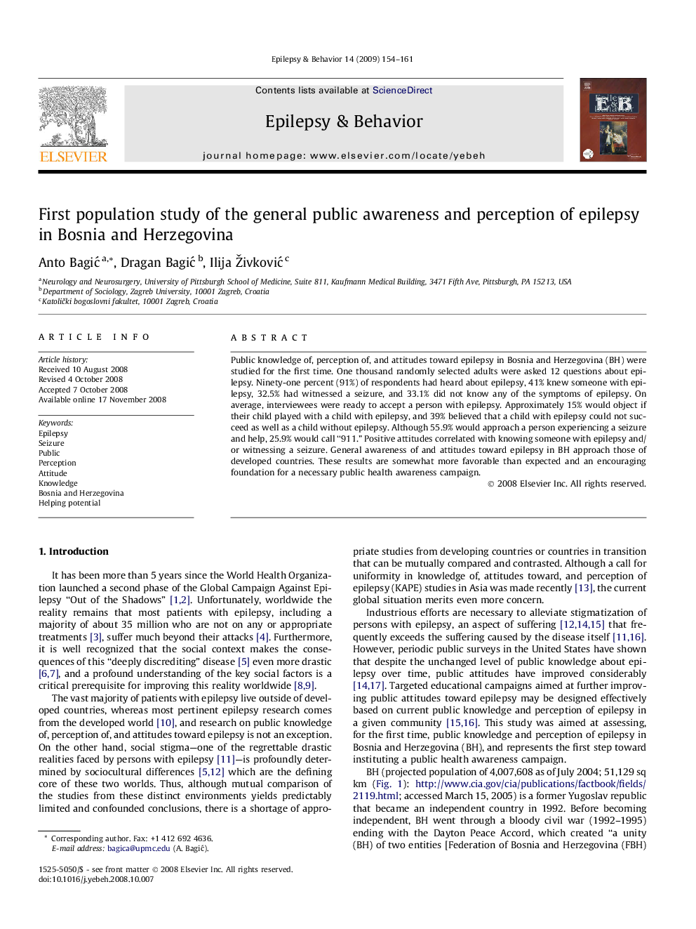 First population study of the general public awareness and perception of epilepsy in Bosnia and Herzegovina