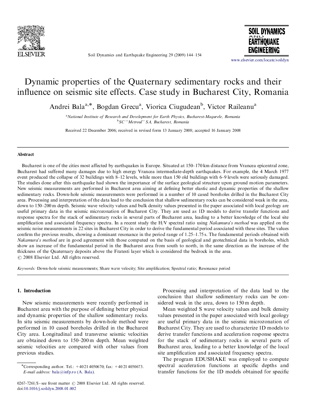 Dynamic properties of the Quaternary sedimentary rocks and their influence on seismic site effects. Case study in Bucharest City, Romania