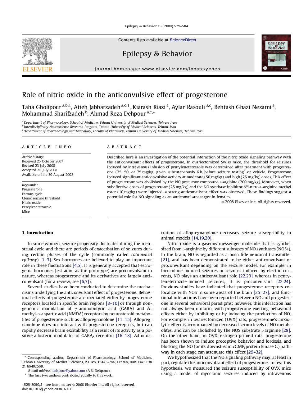 Role of nitric oxide in the anticonvulsive effect of progesterone